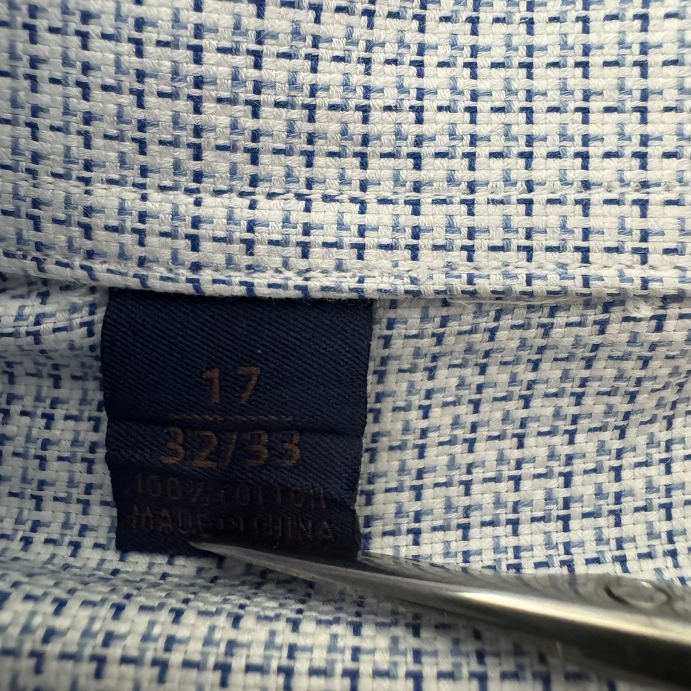 David Donahue Trim Dress Shirt Men XL 17 32/33 White Blue Micro Check Cotton - Picture 9 of 12